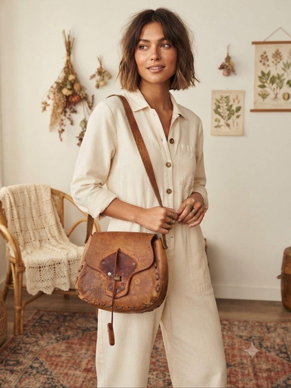 Vintage Full Grain Leather Boho Handbag Floral Distressed